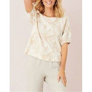LOFT Top Womens Large Ivory Palm Print Boat Neck Linen Blend Boxy Boho Beachy